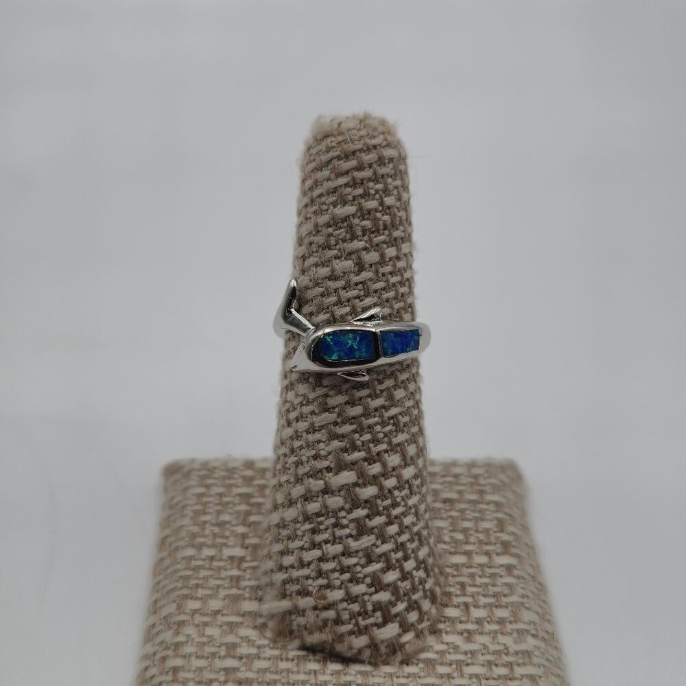 Size 5.75 Sterling Silver Blue Opal Dolphin Band Ring A3433
